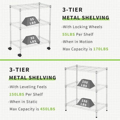 Wire Shelving 32" H x 23W x 13D Storage Shelf with Wheels Adjustable 3 Tier Metal Shelves Unit for Small Places Kitchen Storage Rack Shelf Organizer, 450Lbs Capacity, Chrome