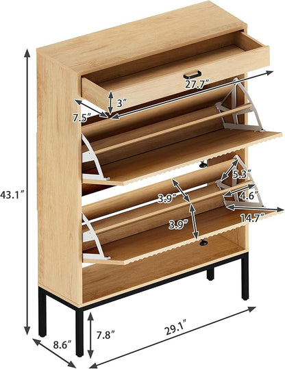 XIAO WEI Shoe Cabinet, Natural Semi Circle Rattan Shoe Storage Organizer Cabinet with 2 Flip Drawers, Freestanding Shoe Rack with Adjustable Shelf for Entryway (Large Size)