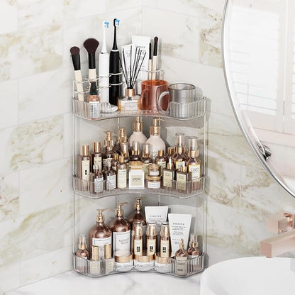 Asayuee 3-Tier Corner Bathroom Counter Organizer with Top Toothbrush Holders,Large Makeup Organizer Countertop with Brush Holder,Skincare Organizers Corner,Exquisite Vanity Organizer (Clear, 3 Tier)