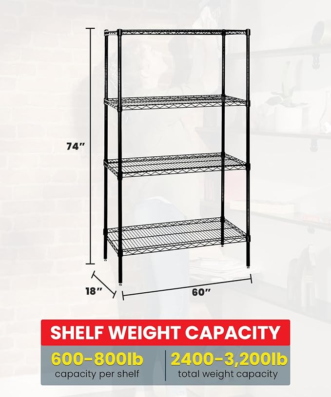 Quantum Storage Systems WR74-1860BK Starter Kit Wire Shelves Black Epoxy 4 Shelves 74" H x 60" W x 18" D