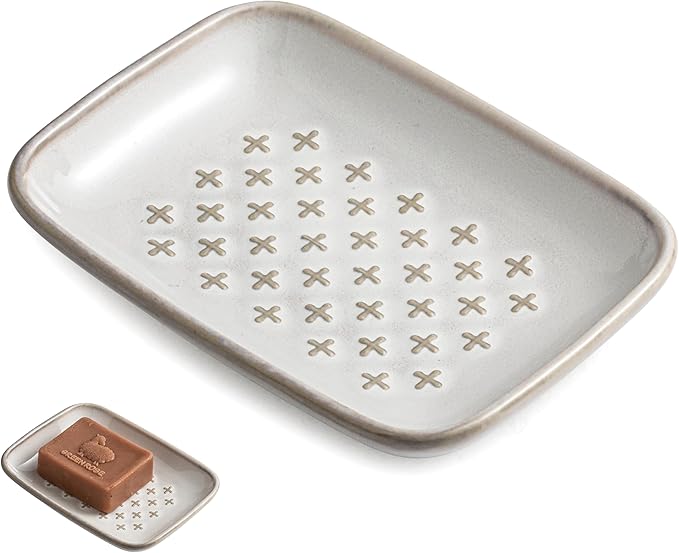 Premium Ceramic Soap Dish Holder - Large 5.5 Inch Soap Saver Tray with Non-Slip Base, Multi-Use for Bar Soap, Sponge & Jewelry - Elegant for Bathroom, Kitchen, Shower - Creamy White