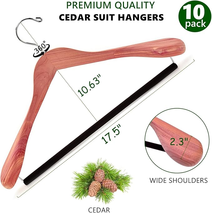 Amber Home 10 Pack Cedar Suit Hangers with Extra Wide Shoulder, Wooden Clothes Hangers for Coats & Jacket, Aromatic Natural Cedar Hangers with Non-Slip Velvet Pant Bar