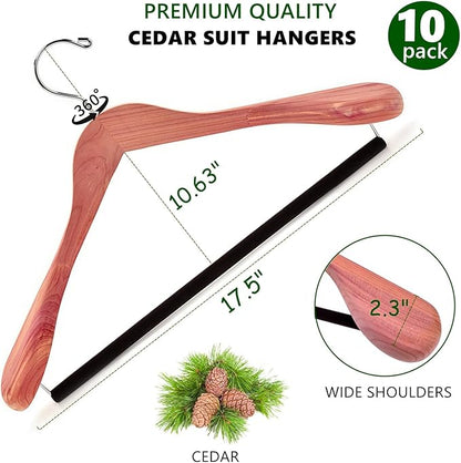 Amber Home 10 Pack Cedar Suit Hangers with Extra Wide Shoulder, Wooden Clothes Hangers for Coats & Jacket, Aromatic Natural Cedar Hangers with Non-Slip Velvet Pant Bar