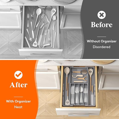 Lifewit Silverware Drawer Organizer, Expandable Utensil Tray for Kitchen, BPA Free Flatware and Cutlery Holder, Adjustable Plastic Storage for Spoons Forks Knives, 4-7 Slots, Gray