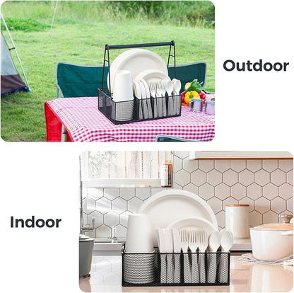 Paper Plate Organizer with Handle for Countertop, Metal Silverware Caddy for Napkins, Cups, Paper Plate and Utensil Holder, Cutlery Caddy for Party, Camping, Picnic
