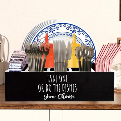 Paper Plate Holder, Plastic Silverware Caddy, Plastic Utensil Dispenser for Party Buffet Camping BBQ, Disposable Spoon Fork Knives Dish Cup Napkin Storage Organizer for Kitchen Counter (Black)