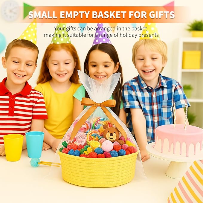 ShellKingdom Storage Basket with Handles, Empty Gift Basket for Christmas with Gift Bags and Ribbon, Small Woven Baskets for Home, Nursery Storage Organizer, 12 X 8 X 5 INCH, Yellow