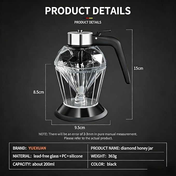 Honey Dispenser No Drip with Base, 6.8oz Glass Honey Jar pot with Handle, Syrup Dispenser for Coffee or Tea, Mess Free Honey Dispenser for Honey Syrup Olive Oil, Maple Syrup Honey Container