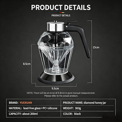 Honey Dispenser No Drip with Base, 6.8oz Glass Honey Jar pot with Handle, Syrup Dispenser for Coffee or Tea, Mess Free Honey Dispenser for Honey Syrup Olive Oil, Maple Syrup Honey Container