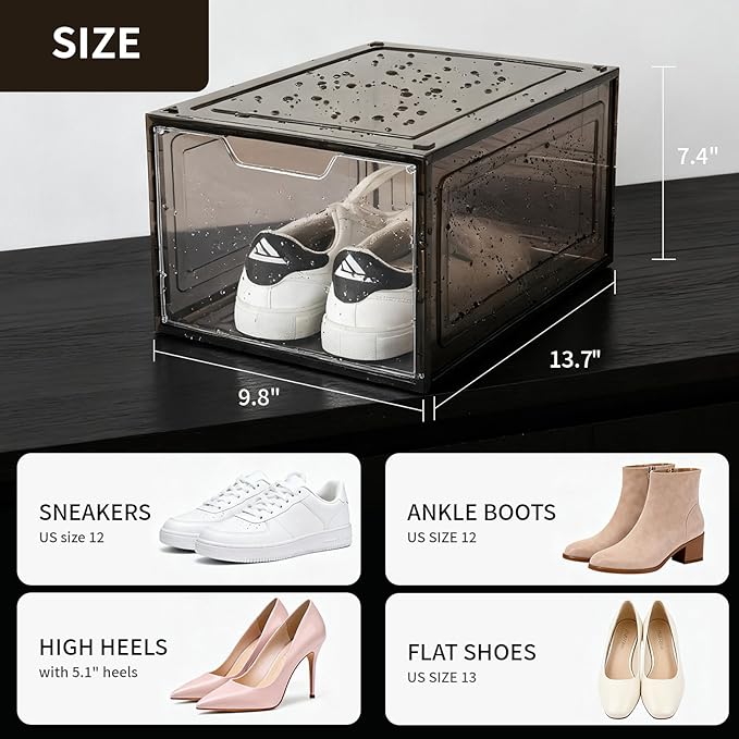 Shoe Boxes Shoe Storage Boxes Display Boxes with Magnetic Doors and Stackable Design, Ideal for Hallways, Under Beds, Wardrobes, and Living Rooms (Magnetic Door-Black, 6 Pack)