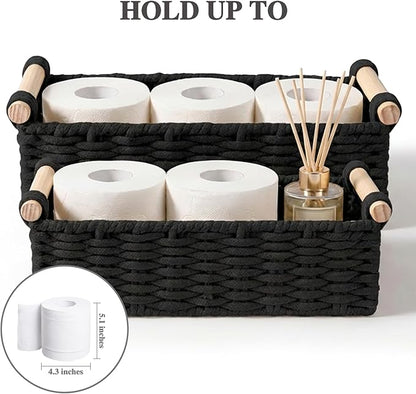 Boho Cotton Rope Storage Baskets Set of 2, Woven Wicker Organizer Bins with Wooden Handles, Small Decorative Boxes for Organizing, Toilet Paper Baskets for Bathroom Countertop, Shelves (Black 2 Pack)
