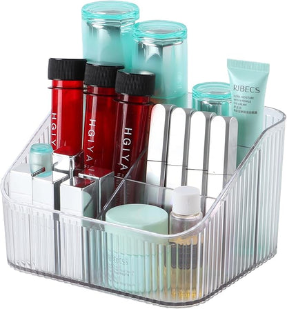 Clear Makeup Brush Holder & Organizer for Vanity, Bathroom Countertop - 5 Cup Toiletry Organizer, Storage & Display for Skincare, Perfume, Hairbrush, Sunglasses & Desk Accessories
