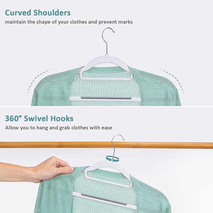 Tonswachic Pack of 30 Clothes Hangers, Space Saving Plastic Hangers, Non-Slip, 0.2 Inches Slim, 360° Swivel Silver Hook for Shirts, Pants & Wet/Dry Garments, White and Dark Gray
