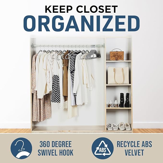Lifemaster Velvet Non-Slip Hangers - 50 Pieces Non-Slip Coat Hanger Set with 360° Swivel Hook, Space-Saving, Sleek Design, Keep Closet Organized, Smooth Velvet Finish, Lightweight Construction - Gray
