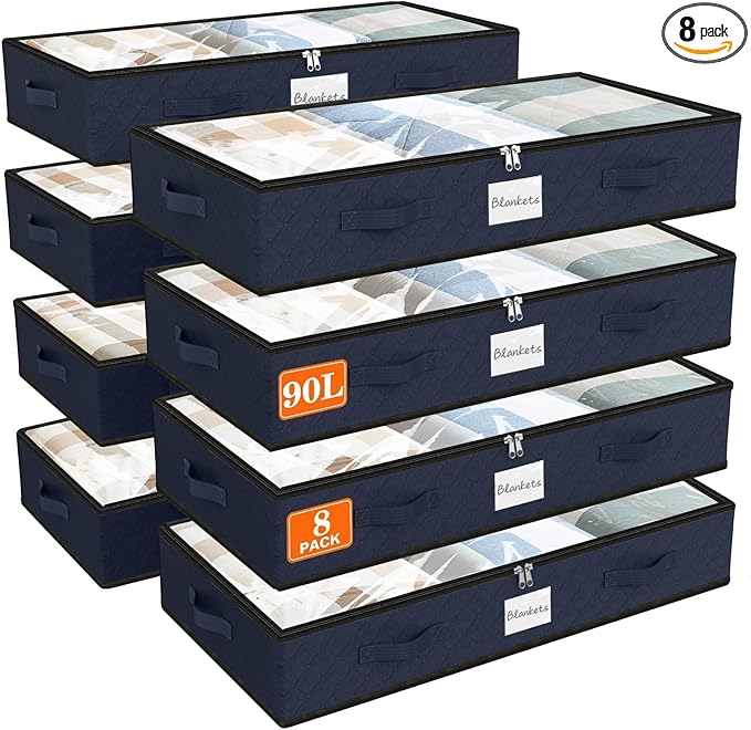 SpaceWhisper 90L Under Bed Storage Containers, 8-Pack Storage Bins with Clear Top, Foldable Closet Organizers and Storage with Label Holder for Clothing, Blankets, Comforter & Pillows(Blue)