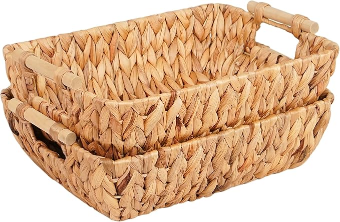Wicker Storage Baskets with Wooden Handles, Hand-Woven Water Hyacinth Storage Organizers for Throw Blankets, Bedroom, Living Room, Laundry(2 Pack)