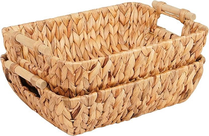 Wicker Storage Baskets with Wooden Handles, Hand-Woven Water Hyacinth Storage Organizers for Throw Blankets, Bedroom, Living Room, Laundry(2 Pack)
