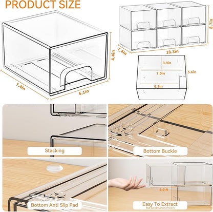 Yieach 6 Pack Small Stackable Storage Drawers,4.4 Inch Tall Stacking Acrylic Clear Storage Bins for Bathroom Vanity,Undersink,Pull Out Drawer Organizers for Beauty,Makeup,Medicine Cabinet Organizers