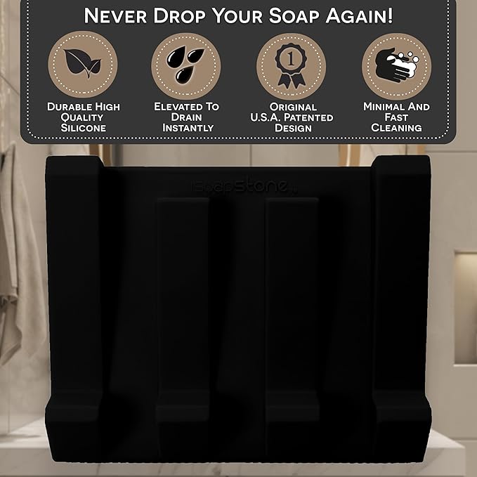 Silicone Soap Dish (USA Patented) Self Draining Bar Soap Holder for Shower Bathroom Sink, Drying Soap Dish Tray Sponge Holder Easy Cleaning Soap Saver Travel Accessories (Black, 2)