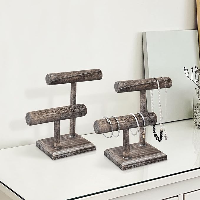 MOOCA 2 Pcs 2- Tier Space Saving Wooden Bracelet Holder Stand, Bracelet Display Stand For Selling, Watch Display, Free assembly, Coffee Color
