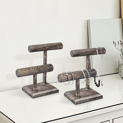MOOCA 2 Pcs 2- Tier Space Saving Wooden Bracelet Holder Stand, Bracelet Display Stand For Selling, Watch Display, Free assembly, Coffee Color
