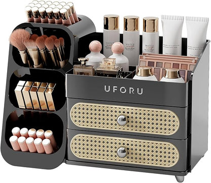 Makeup Organizer for Vanity with Brush Holder, Large Capacity Bathroom Countertop Skincare Organizer with 2 Drawers, Cosmetic Display Case for Perfumes, Eyeshadow Palettes, Nail Polishes