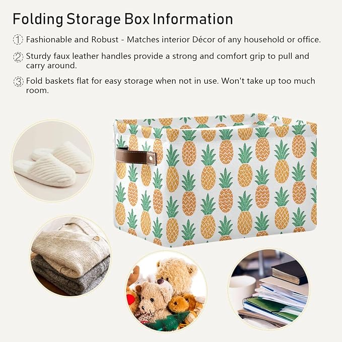 Fun Pineapple Storage Basket Bin, Large Cube Storage Box Canvas Collapsible Storage Organizer for Home Office Closet, 2PCS - 15 L x 11 W x 9.5 H