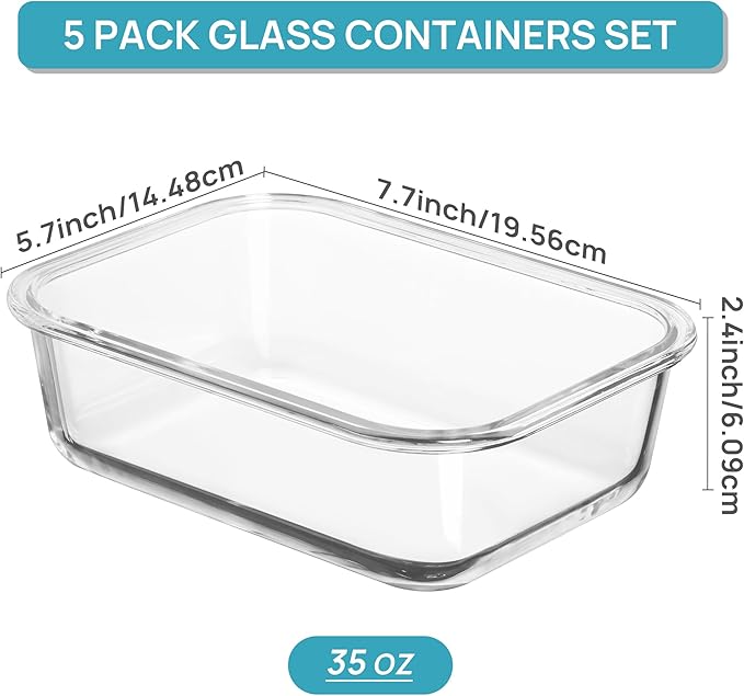 Vtopmart 5 Pack 35oz Glass Food Storage Containers with Lids, Meal Prep Containers, Airtight Reusable Lunch Container Set, Safe for Oven, Microwave, Freezer, and Dishwasher, Blue