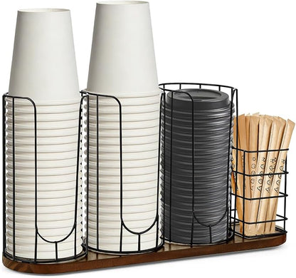4-Compartment 18oz Coffee Cup Dispenser Rack with Wood Base, Disposable Cup Holder,Cup and Lid Holder with Straw Organizer,for Stirrers Pod Countertop, Plastic Cup Station