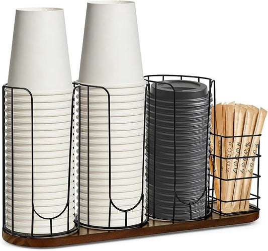 4-Compartment 18oz Coffee Cup Dispenser Rack with Wood Base, Disposable Cup Holder,Cup and Lid Holder with Straw Organizer,for Stirrers Pod Countertop, Plastic Cup Station