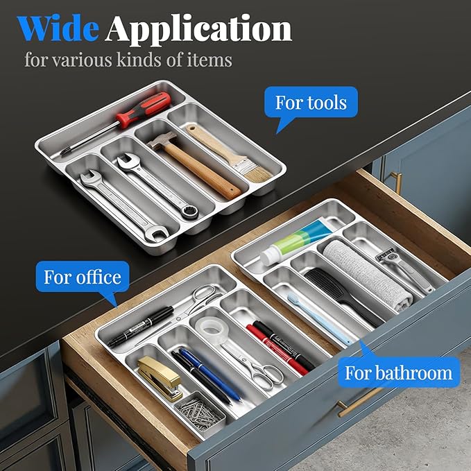IKOCO 2-Pack Silverware Organizers Stainless Steel Kitchen Drawer Organizer with 5 Compartments, Dishwasher Safe for Spoons Forks Knives (13.8”x11.4”x1.6, Silver)