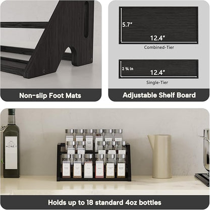 Bamboo Spice Rack Organizer -3-Tier Spice Rack for Countertop,Cabinet Spice Rack Organizer for 18 Spice Jars(4oz)，Step Shelf(black)