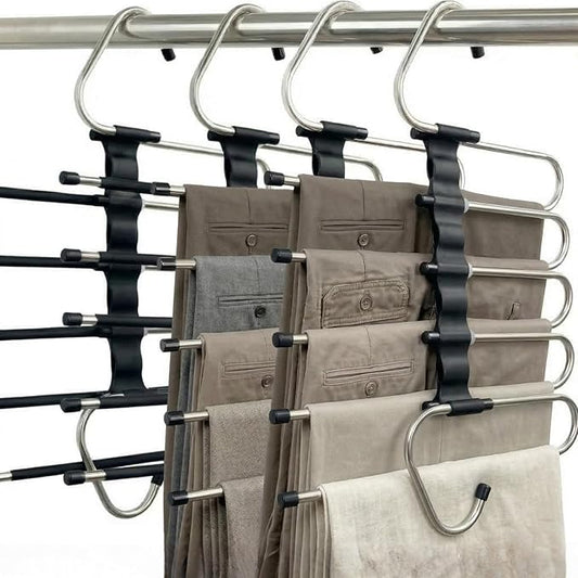 Pants Hangers Space Saving, 5 Tier Jeans Hanger for Closet, Black Multiple Heavy Duty Stainless Steel Pant Rack for Trousers, Legging with 20 Clips (4 Pack)