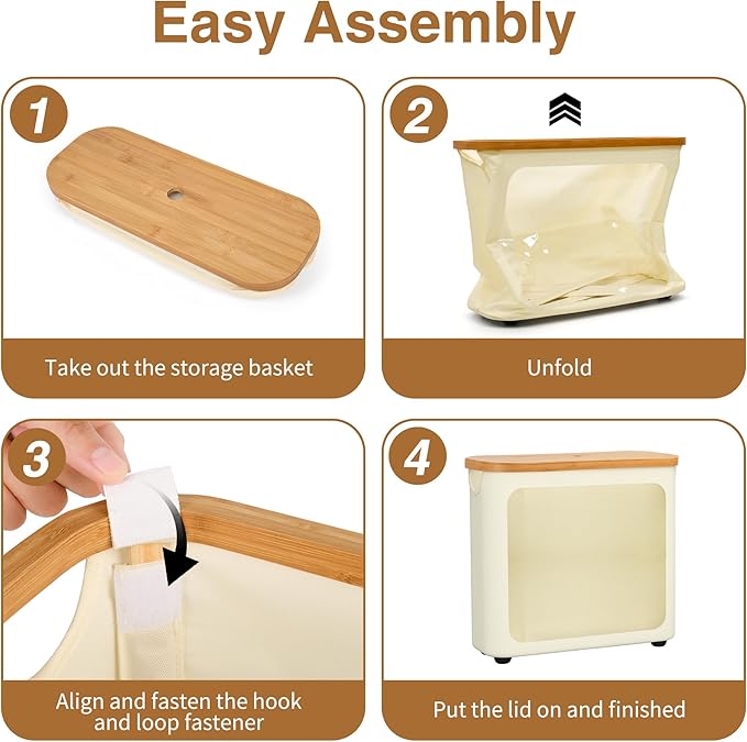 Toilet Paper Storage with Bamboo Lid,Foldable Basket Organizer for Bathroom, Holds 9 Mega/12 Regular Rolls, Waterproof Toilet Paper Holder Storage with Non-Slip Base,Beige