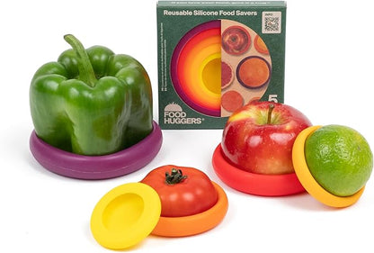 Food Huggers 5pc Reusable Silicone Food Savers | BPA Free | Plastic Free Food Storage | Dishwasher Safe | Fruit & Vegetable Storage for Onion, Tomato, Lemon, Banana & Cans | Round, Autumn Harvest