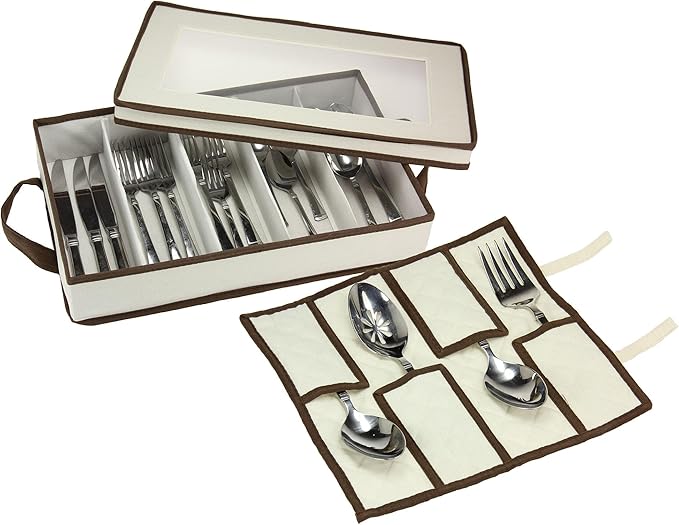 Household Essentials Cream Canvas Flatware Chest with Brown Trim