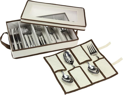 Household Essentials Cream Canvas Flatware Chest with Brown Trim