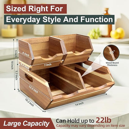 Acacia Wood Pantry Storage Bins, Stackable Potato and Onion Storage Bins for Kitchen Countertop, Set of 3 Wooden Pantry Organizer Baskets for Fruit, Vegetable, Snack