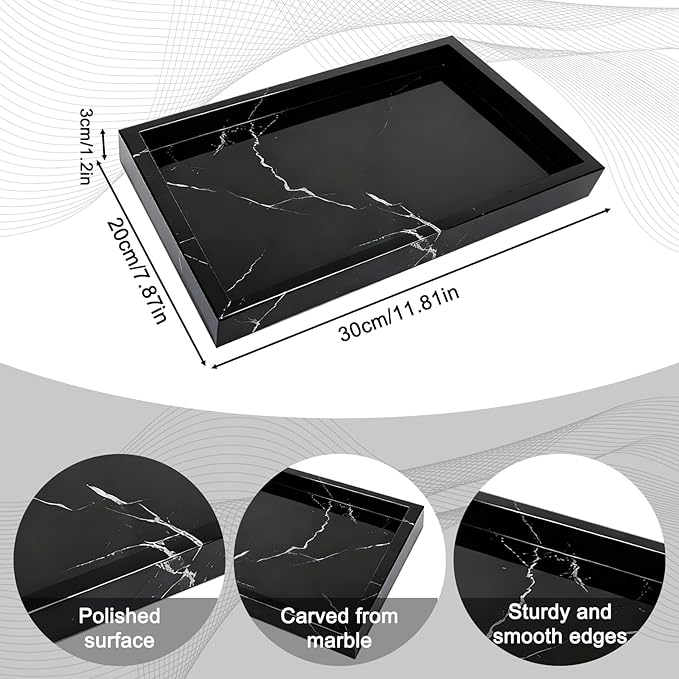 Pure Natural Marble Tray for Bathroom, Dresser, Sink. Cosmetics, toiletries, perfumes, Jewelry, Candles, etc. can be Placed (Black and White Root, 12" x 8" x 1.2")