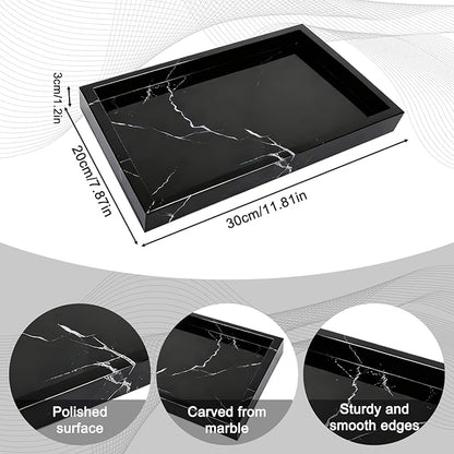 Pure Natural Marble Tray for Bathroom, Dresser, Sink. Cosmetics, toiletries, perfumes, Jewelry, Candles, etc. can be Placed (Black and White Root, 12" x 8" x 1.2")