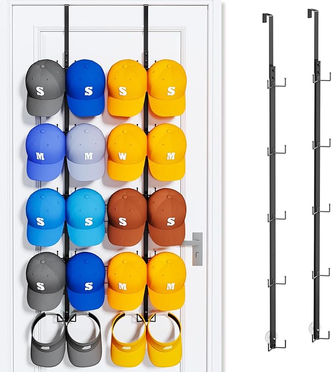 SWTYMIKI Over Door Hat Organizer - 2 Packs Metal Wall Mounted Hat Rack with 5-Tier Dual Hooks Design, Hanging Baseball Cap Organizer Storage Holds up to 40 Caps for Door, Bedroom, Closet