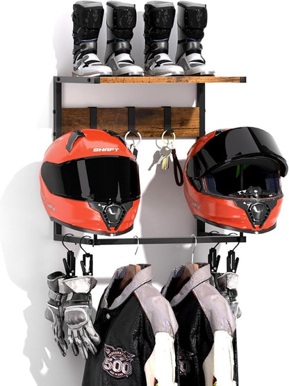 Urban Deco Motorcycle Helmet Holder Wall Mount, Helmet Rack with 2 Hat Stands, Helmet Stand for Display Wall Mount, Motorcycle Accessories Gear Storage for Men, Small