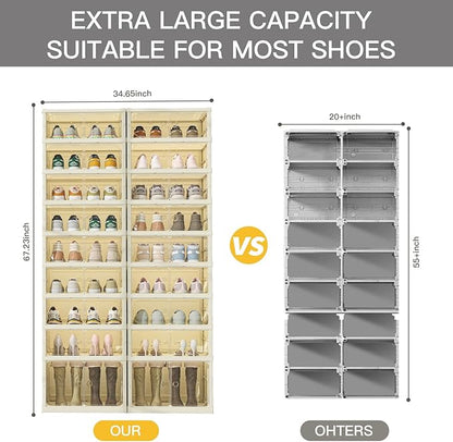 Dimmeda 9 Tiers Foldable Shoe Rack Organizer for Closet with Wheels, 36Pairs Plastic Collapsible Shoe Shelf for Front Door Entrance Stackable Clear Folding Shoes Storage Boxes Tall Shoe Cabinet