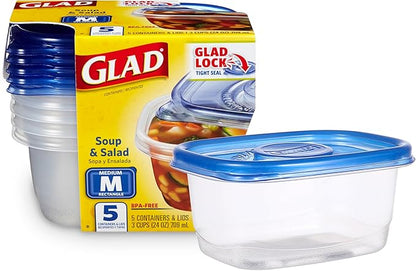 Glad GladWare Medium Rectangle Food Storage Containers with Lids, BPA Free Plastic for Soups Salads and Meal Prep, Airtight Leak Resistant, Microwave Dishwasher Freezer Safe, 24 Oz, 5 Count