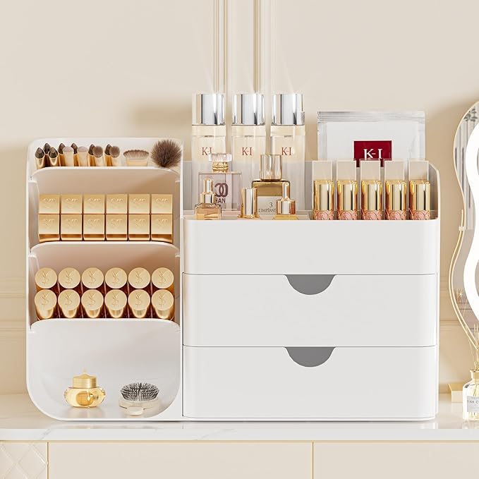 Makeup Organizer with Drawers, Large Capacity Countertop Organizer for Vanity, Bathroom and Bedroom Desk Cosmetics Organizer, Easy To Storage Skincare, Brushes, Eyeshadow, Lipstick (All White)