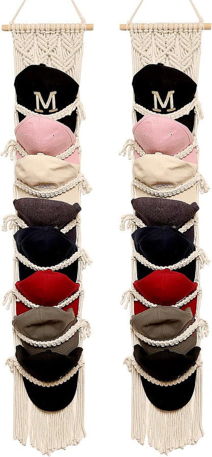 jontell Boho Ball Cap Hanger-2 Pack-Boho Macrame Cap Holder Wall Hat Organizer for Baseball Cap Holder Over Door, Hat Rack for Wall Cap Rack Disaplay Bearoom Decorations