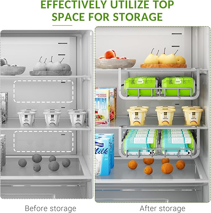 Refrigerator Hanging Soda Can Dispenser for Refrigerator Stainless Steel Double Row Fridge Drink Organizer Holds Up to 10 Cans of Soda Fits Fridges 15-23in Inner Depth