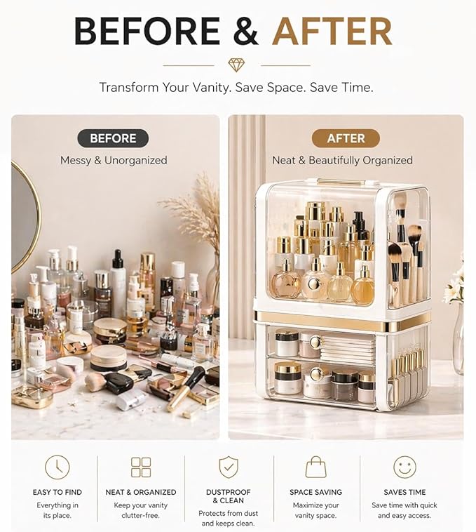 Makeup Organizer with Drawers, Large Acrylic Dustproof Cosmetic Storage Box with Lid, 2-Layer Vanity Organizer for Skincare, Perfume & Bathroom Countertop (28.5 × 20 × 38 cm)