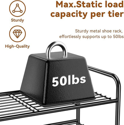 Simple Shoe Rack, 4 Tier Heavy Duty Metal Shoe Shelf 27 Inch Wide, Black