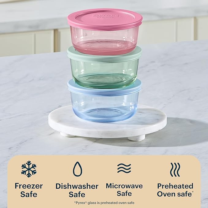 Pyrex Colors (3-Pack, Medium) Tinted Glass Round Food Storage Container Set, Snug Fit Non-Toxic Plastic BPA-Free Lids, Freezer Dishwasher Microwave Safe, 2 Cup, 4 Cup & 7 Cup, Blue